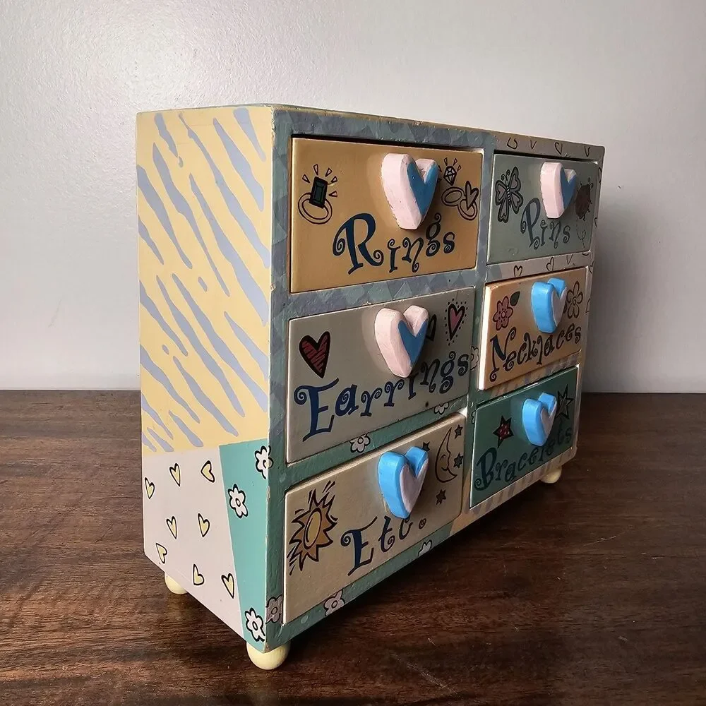 Vintage Lillian Vernon Y2K Girls Wooden Jewelry Chest 6 Drawer Heart Pulls